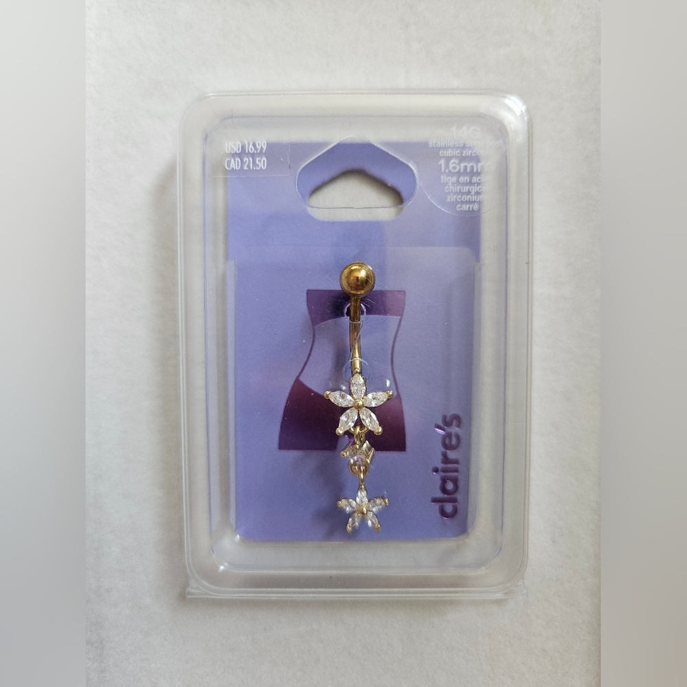 Gold Crystal Flower Drop Belly Button Ring – Claire’s (NWT)